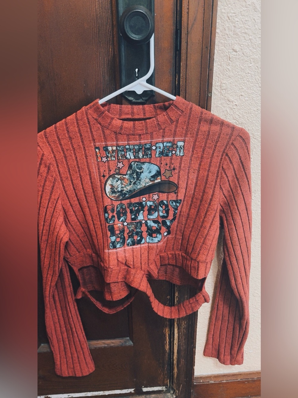 Cowboy Baby Cropped Rib Knit Sweater in Rust